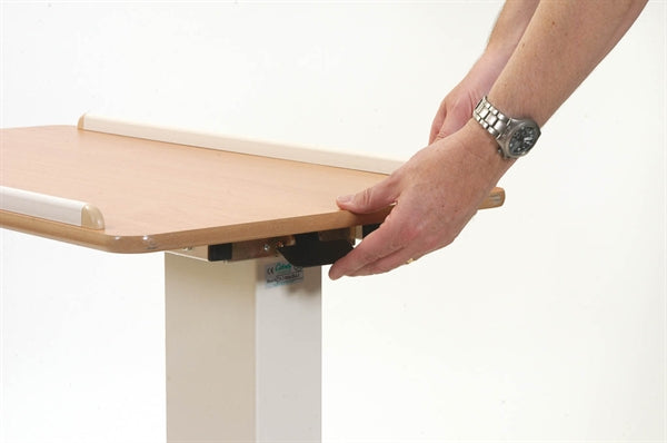 Rise and Fall Overbed Table Adjustable Height Beech Top with Easy-Move Castors and Edges