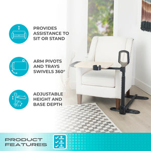 Assist-A-Tray Adjustable Sofa & Chair Standing Aid Table with Swivel Tray, Cup Holder, and Sturdy Support Handle – Mobility Assist Table for Eating, Working & Daily Use (Maple Finish)