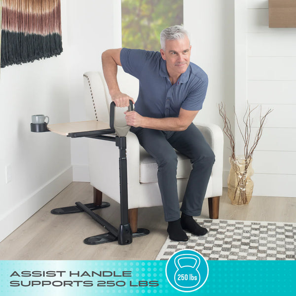 Assist-A-Tray Adjustable Sofa & Chair Standing Aid Table with Swivel Tray, Cup Holder, and Sturdy Support Handle – Mobility Assist Table for Eating, Working & Daily Use (Maple Finish)