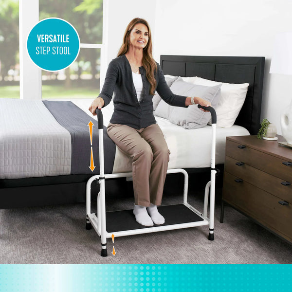 Adjustable Safety Step Stool with Support Handle – Heavy Duty 500 lbs Capacity Bed & Reach Step Platform with Anti-Slip Surface, Motion-Activated LED Light & Storage Pouch