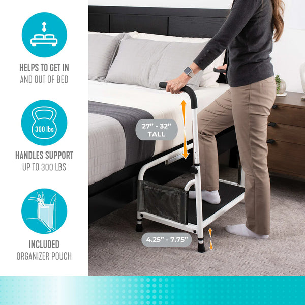 Adjustable Safety Step Stool with Support Handle – Heavy Duty 500 lbs Capacity Bed & Reach Step Platform with Anti-Slip Surface, Motion-Activated LED Light & Storage Pouch