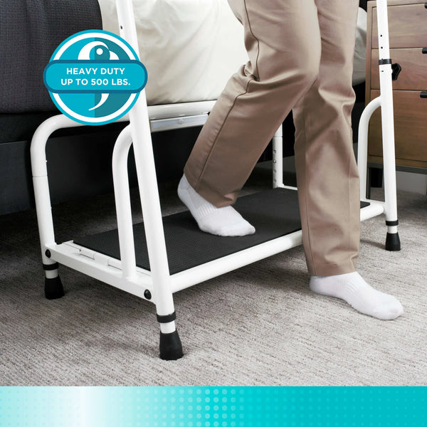 Adjustable Safety Step Stool with Support Handle – Heavy Duty 500 lbs Capacity Bed & Reach Step Platform with Anti-Slip Surface, Motion-Activated LED Light & Storage Pouch