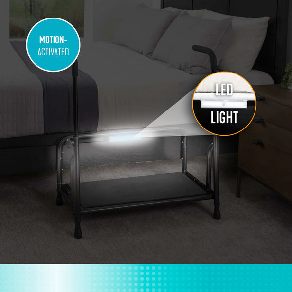Adjustable Safety Step Stool with Support Handle – Heavy Duty 500 lbs Capacity Bed & Reach Step Platform with Anti-Slip Surface, Motion-Activated LED Light & Storage Pouch