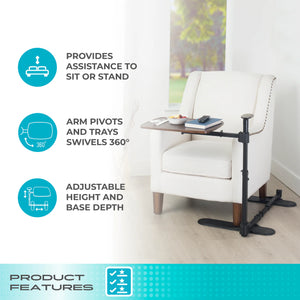 Wonder Tray Plus Adjustable Swivel TV Tray Table with Support Handle, Standing Assist Safety Rail, Height Adjustable Sofa Side Table for Eating, Working, Reading, Gaming & Lift Chairs