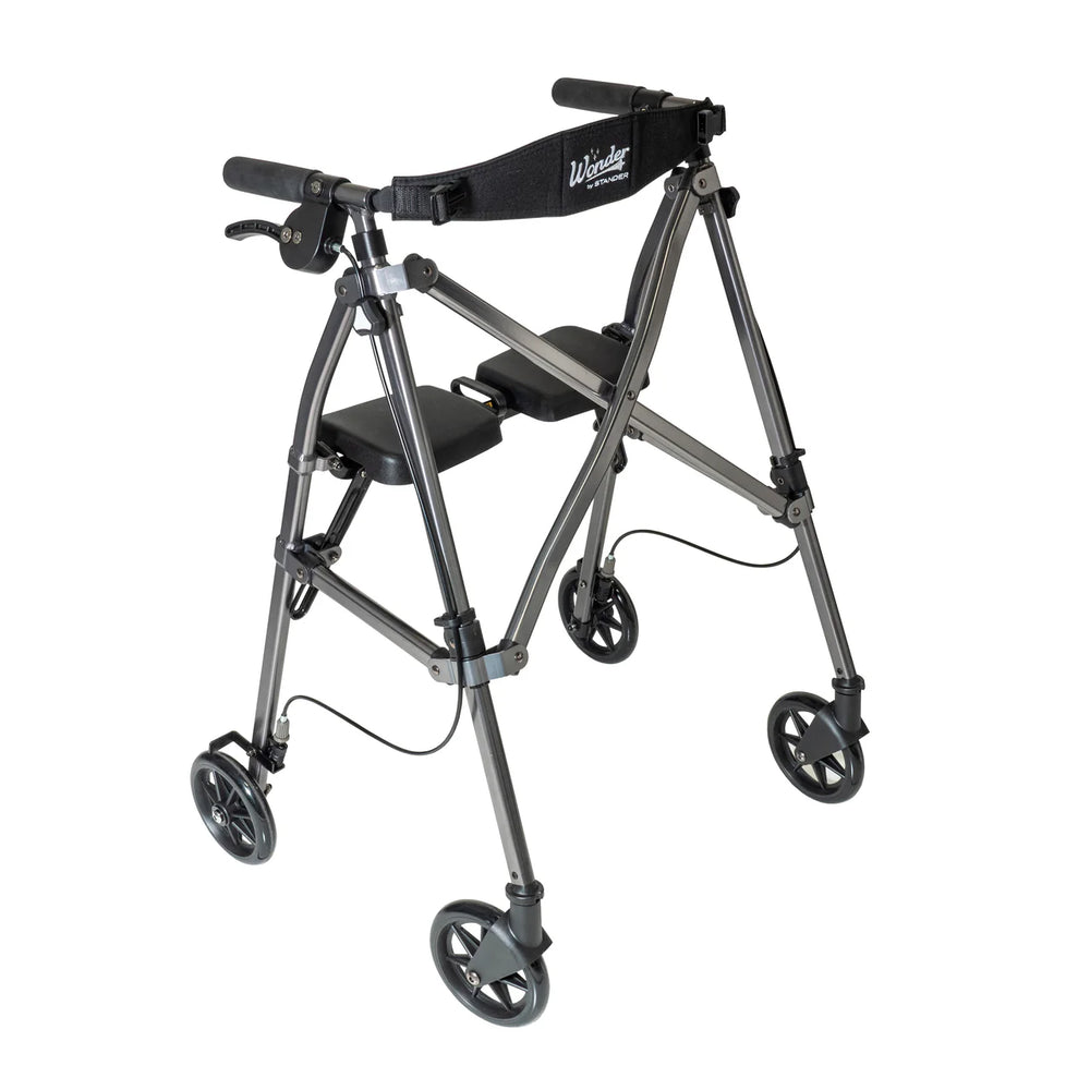 Space Saver Foldable Rollator Walker with Seat & Backrest, Ultra Compact 3-Fold Mobility Aid, 6” Wheels with Locking Brakes, Lightweight 250 lbs Capacity, Dual Size Adjustable Walking Frame