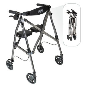 Space Saver Foldable Rollator Walker with Seat & Backrest, Ultra Compact 3-Fold Mobility Aid, 6” Wheels with Locking Brakes, Lightweight 250 lbs Capacity, Dual Size Adjustable Walking Frame