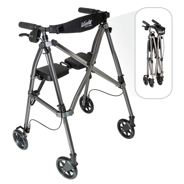 Space Saver Foldable Rollator Walker with Seat & Backrest, Ultra Compact 3-Fold Mobility Aid, 6” Wheels with Locking Brakes, Lightweight 250 lbs Capacity, Dual Size Adjustable Walking Frame
