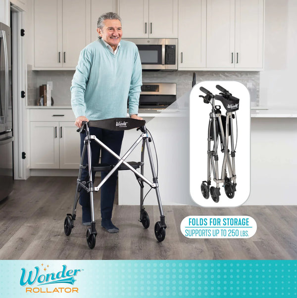 Space Saver Foldable Rollator Walker with Seat & Backrest, Ultra Compact 3-Fold Mobility Aid, 6” Wheels with Locking Brakes, Lightweight 250 lbs Capacity, Dual Size Adjustable Walking Frame