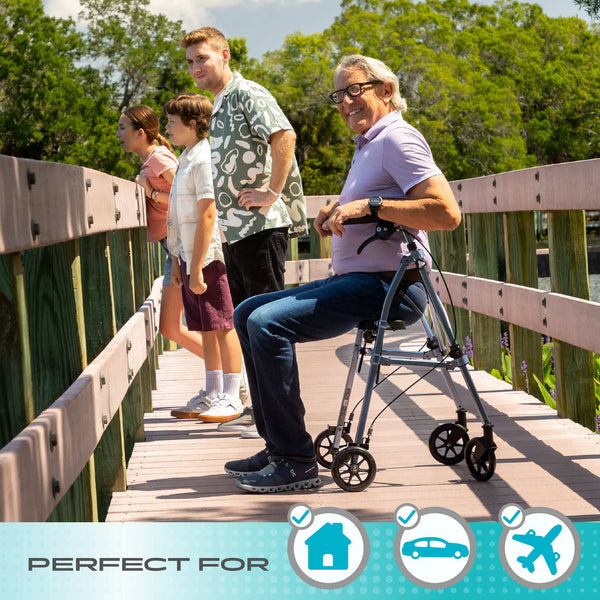 Space Saver Foldable Rollator Walker with Seat & Backrest, Ultra Compact 3-Fold Mobility Aid, 6” Wheels with Locking Brakes, Lightweight 250 lbs Capacity, Dual Size Adjustable Walking Frame