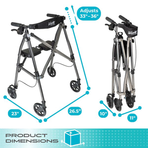 Space Saver Foldable Rollator Walker with Seat & Backrest, Ultra Compact 3-Fold Mobility Aid, 6” Wheels with Locking Brakes, Lightweight 250 lbs Capacity, Dual Size Adjustable Walking Frame