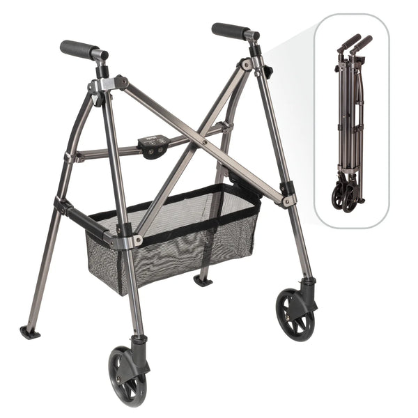 Wonder Walker Plus Lightweight Folding Rollator Walker for Seniors – Ultra Compact 4-Fold Design, 6” Swivel Wheels, 300 lbs Capacity, Dual Height Adjustable Sizes, Includes Storage Basket