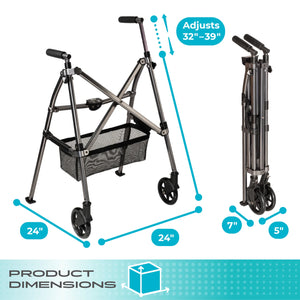 Wonder Walker Plus Lightweight Folding Rollator Walker for Seniors – Ultra Compact 4-Fold Design, 6” Swivel Wheels, 300 lbs Capacity, Dual Height Adjustable Sizes, Includes Storage Basket