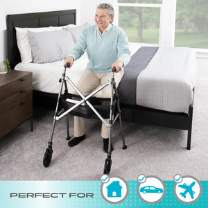 Wonder Walker Plus Lightweight Folding Rollator Walker for Seniors – Ultra Compact 4-Fold Design, 6” Swivel Wheels, 300 lbs Capacity, Dual Height Adjustable Sizes, Includes Storage Basket