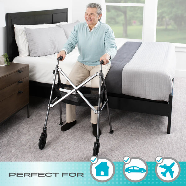 Wonder Walker Plus Lightweight Folding Rollator Walker for Seniors – Ultra Compact 4-Fold Design, 6” Swivel Wheels, 300 lbs Capacity, Dual Height Adjustable Sizes, Includes Storage Basket
