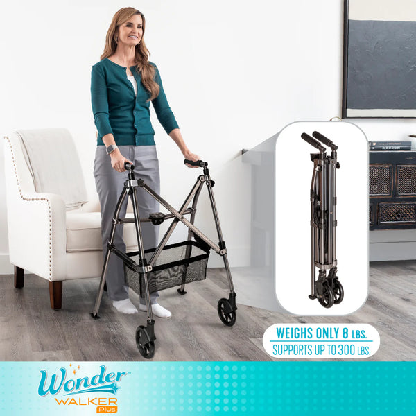 Wonder Walker Plus Lightweight Folding Rollator Walker for Seniors – Ultra Compact 4-Fold Design, 6” Swivel Wheels, 300 lbs Capacity, Dual Height Adjustable Sizes, Includes Storage Basket