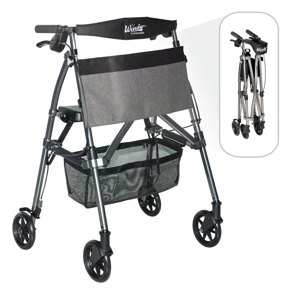 Wonder Rollator Ultra Compact Folding Walker with Seat & Backrest, Dual Size Adjustable Mobility Rollator with 6” Wheels, Locking Brakes, Storage Basket & Pouch, Supports 250 lbs