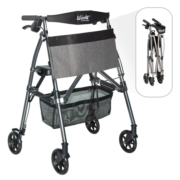 Wonder Rollator Ultra Compact Folding Walker with Seat & Backrest, Dual Size Adjustable Mobility Rollator with 6” Wheels, Locking Brakes, Storage Basket & Pouch, Supports 250 lbs