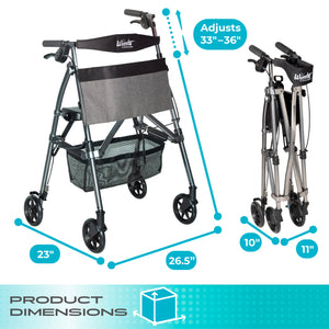 Wonder Rollator Ultra Compact Folding Walker with Seat & Backrest, Dual Size Adjustable Mobility Rollator with 6” Wheels, Locking Brakes, Storage Basket & Pouch, Supports 250 lbs