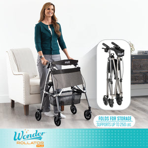 Wonder Rollator Ultra Compact Folding Walker with Seat & Backrest, Dual Size Adjustable Mobility Rollator with 6” Wheels, Locking Brakes, Storage Basket & Pouch, Supports 250 lbs