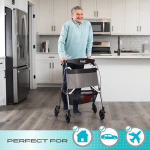 Wonder Rollator Ultra Compact Folding Walker with Seat & Backrest, Dual Size Adjustable Mobility Rollator with 6” Wheels, Locking Brakes, Storage Basket & Pouch, Supports 250 lbs