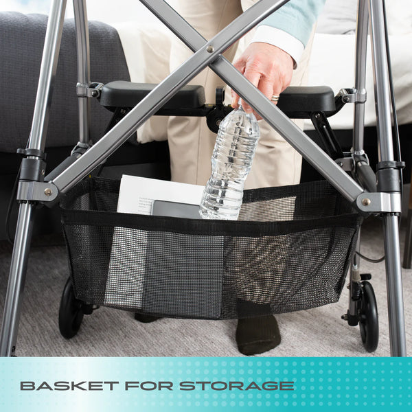 Wonder Rollator Ultra Compact Folding Walker with Seat & Backrest, Dual Size Adjustable Mobility Rollator with 6” Wheels, Locking Brakes, Storage Basket & Pouch, Supports 250 lbs