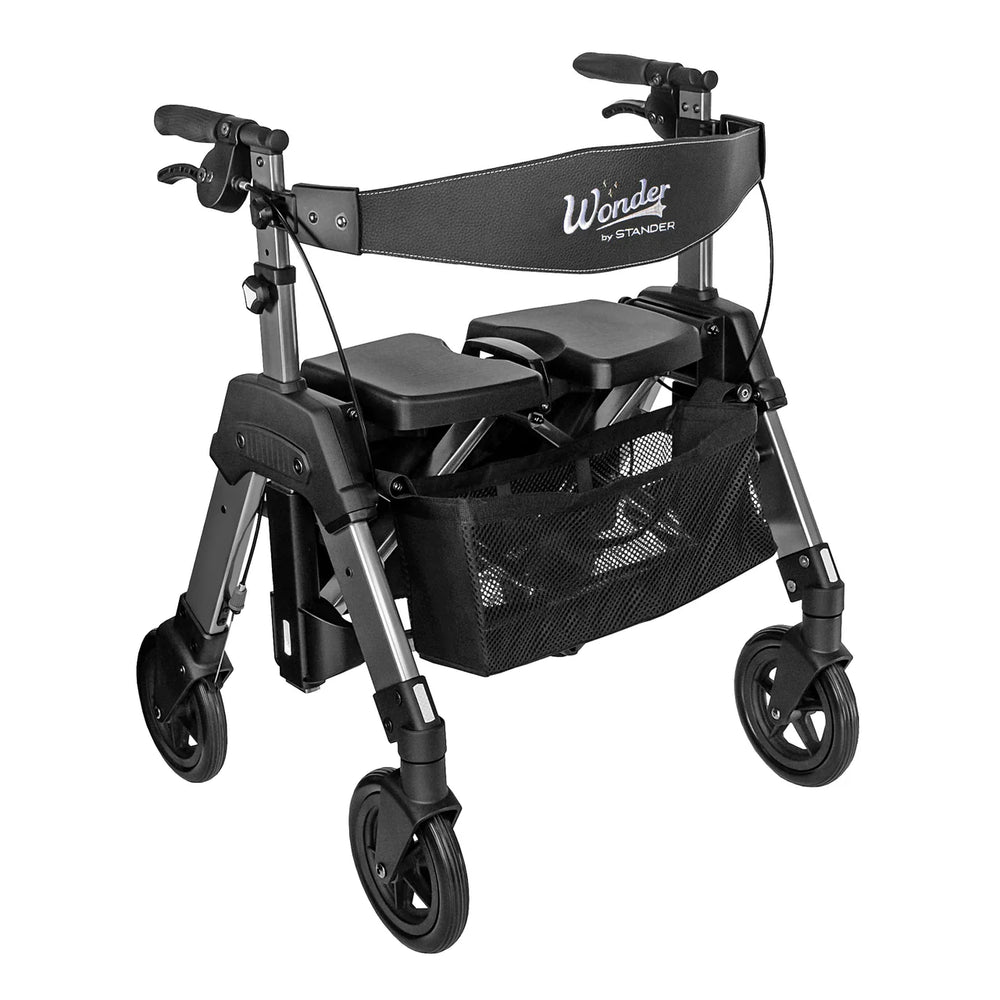 Wonder Rollator HD Heavy Duty Bariatric Walker with Seat, Foldable Mobility Aid, 450 lb Capacity, Adjustable Handles, 8-Inch Wheels, Storage Basket & Organizer Pouch