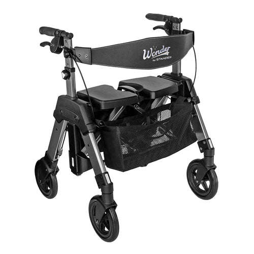 Wonder Rollator HD Heavy Duty Bariatric Walker with Seat, Foldable Mobility Aid, 450 lb Capacity, Adjustable Handles, 8-Inch Wheels, Storage Basket & Organizer Pouch