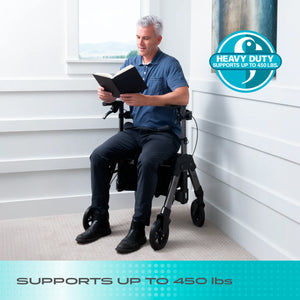 Wonder Rollator HD Heavy Duty Bariatric Walker with Seat, Foldable Mobility Aid, 450 lb Capacity, Adjustable Handles, 8-Inch Wheels, Storage Basket & Organizer Pouch