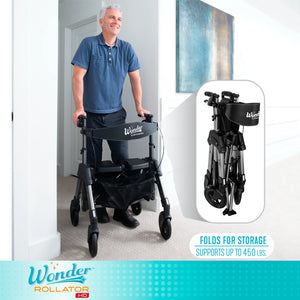 Wonder Rollator HD Heavy Duty Bariatric Walker with Seat, Foldable Mobility Aid, 450 lb Capacity, Adjustable Handles, 8-Inch Wheels, Storage Basket & Organizer Pouch