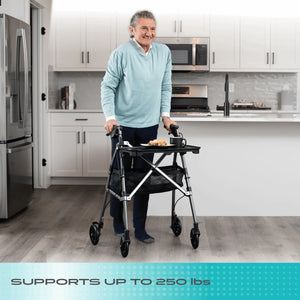 Wonder Indoor Rollator Walker with Removable Tray Table, Basket & Hand Brakes – Lightweight Folding Mobility Aid with 6” Wheels, Adjustable Height 33”–36”, 250 lbs Weight Capacity, Compact Storage Design