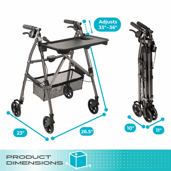 Wonder Indoor Rollator Walker with Removable Tray Table, Basket & Hand Brakes – Lightweight Folding Mobility Aid with 6” Wheels, Adjustable Height 33”–36”, 250 lbs Weight Capacity, Compact Storage Design
