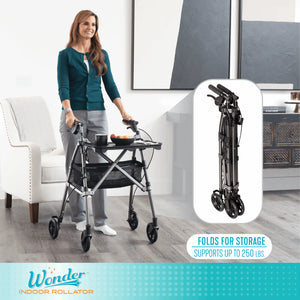 Wonder Indoor Rollator Walker with Removable Tray Table, Basket & Hand Brakes – Lightweight Folding Mobility Aid with 6” Wheels, Adjustable Height 33”–36”, 250 lbs Weight Capacity, Compact Storage Design
