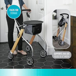 Let's Go Indoor Rollator – Narrow Lightweight Indoor Walker with Tray, Storage Basket, 6” Wheels, One-Hand Control Handle, 250 lbs Capacity, Fully Assembled Senior Mobility Aid