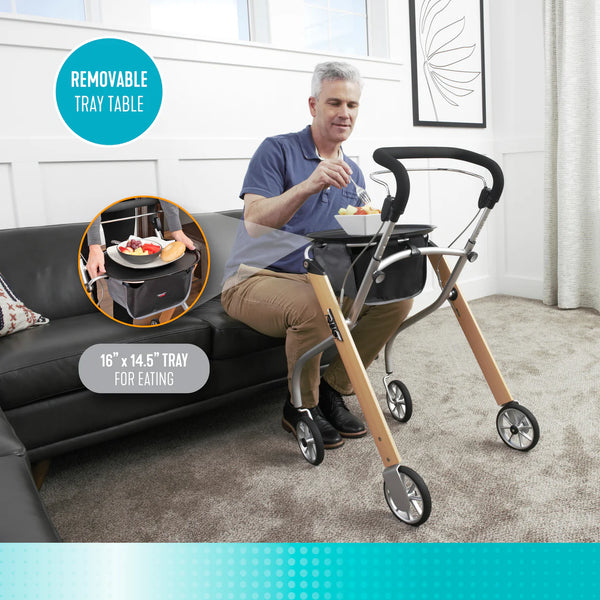 Let's Go Indoor Rollator – Narrow Lightweight Indoor Walker with Tray, Storage Basket, 6” Wheels, One-Hand Control Handle, 250 lbs Capacity, Fully Assembled Senior Mobility Aid