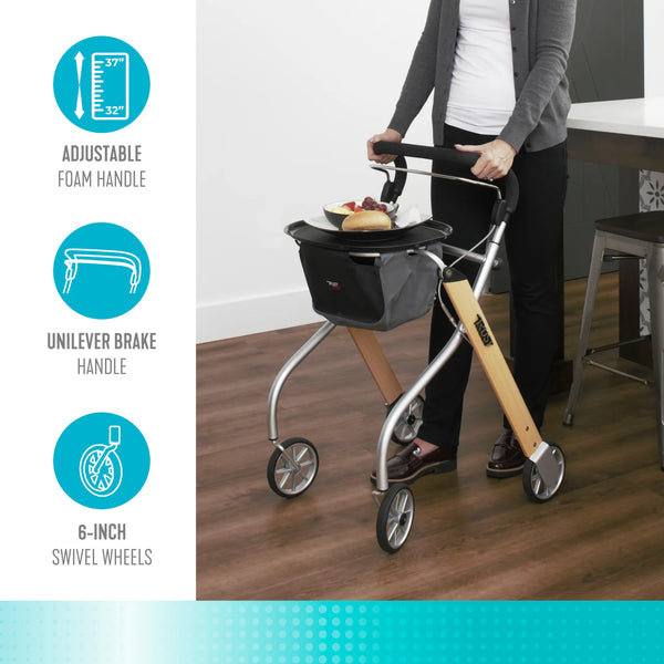 Let's Go Indoor Rollator – Narrow Lightweight Indoor Walker with Tray, Storage Basket, 6” Wheels, One-Hand Control Handle, 250 lbs Capacity, Fully Assembled Senior Mobility Aid
