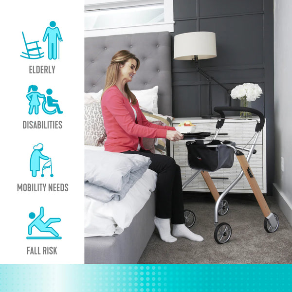 Let's Go Indoor Rollator – Narrow Lightweight Indoor Walker with Tray, Storage Basket, 6” Wheels, One-Hand Control Handle, 250 lbs Capacity, Fully Assembled Senior Mobility Aid