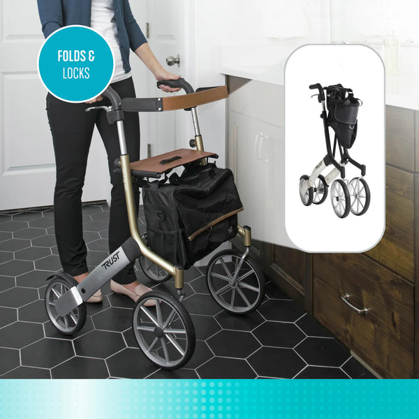 Let’s Go Out Rollator Walker for Seniors – Lightweight Folding Mobility Walker with Seat, Adjustable Handles, Large Wheels & Coil Suspension System – 300 lbs Capacity