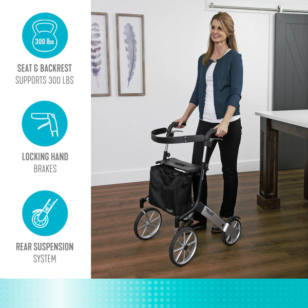 Let’s Go Out Rollator Walker for Seniors – Lightweight Folding Mobility Walker with Seat, Adjustable Handles, Large Wheels & Coil Suspension System – 300 lbs Capacity