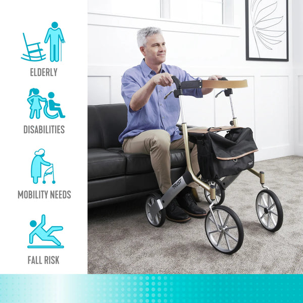 Let’s Go Out Rollator Walker for Seniors – Lightweight Folding Mobility Walker with Seat, Adjustable Handles, Large Wheels & Coil Suspension System – 300 lbs Capacity