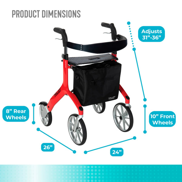 Let's Fly Lightweight Foldable Rollator Walker with Seat – Adjustable Handle Height 31”–36”, 10” Front Wheels, 300 lbs Capacity, Padded Seat & Backrest, Fully Assembled Mobility Walking Aid