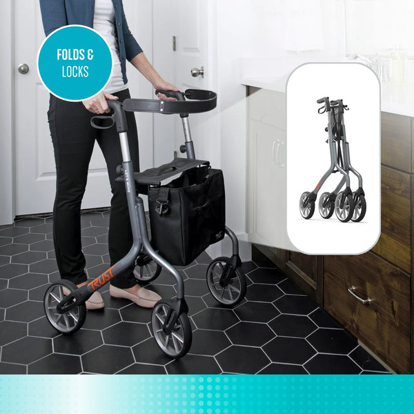 Let's Move Lightweight Aluminum Rollator Walker with Seat – 350 lbs Capacity, 8” Wheels, Adjustable Handles (30.5”–36.5”), Foldable Mobility Walker with Storage Bag, Fully Assembled