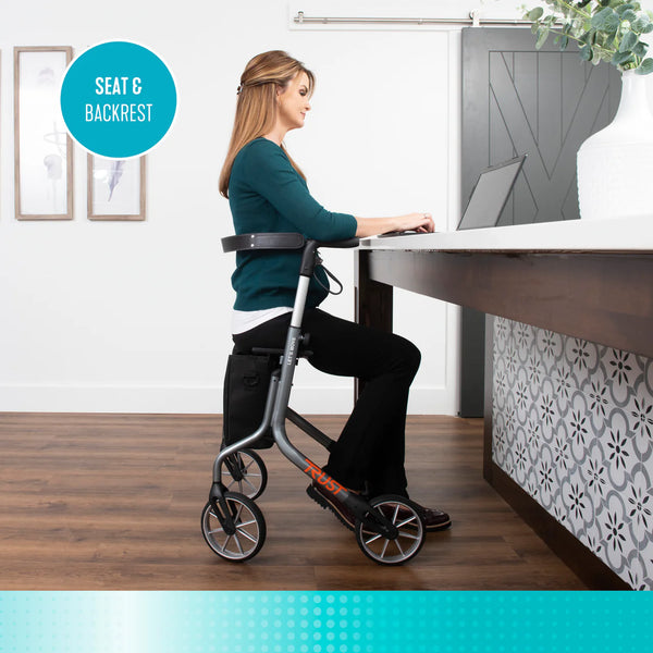 Let's Move Lightweight Aluminum Rollator Walker with Seat – 350 lbs Capacity, 8” Wheels, Adjustable Handles (30.5”–36.5”), Foldable Mobility Walker with Storage Bag, Fully Assembled