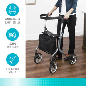 Let's Move Lightweight Aluminum Rollator Walker with Seat – 350 lbs Capacity, 8” Wheels, Adjustable Handles (30.5”–36.5”), Foldable Mobility Walker with Storage Bag, Fully Assembled