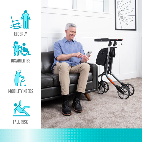 Let's Move Lightweight Aluminum Rollator Walker with Seat – 350 lbs Capacity, 8” Wheels, Adjustable Handles (30.5”–36.5”), Foldable Mobility Walker with Storage Bag, Fully Assembled