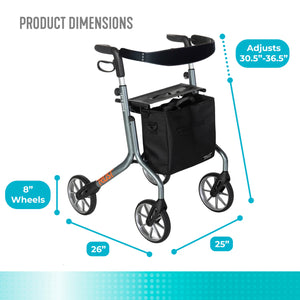 Let's Move Lightweight Aluminum Rollator Walker with Seat – 350 lbs Capacity, 8” Wheels, Adjustable Handles (30.5”–36.5”), Foldable Mobility Walker with Storage Bag, Fully Assembled