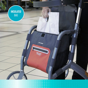 Let's Shop Rollator Walker with Seat, 6.5 Gallon Insulated Shopping Bag, 8-Inch Smooth Wheels, Lightweight Folding Mobility Cart with Removable Grocery Bag, 300 lbs Weight Capacity, Fully Assembled