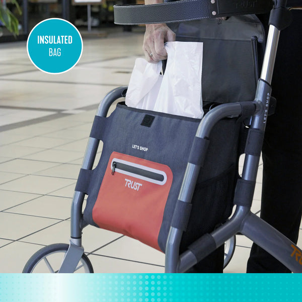 Let's Shop Rollator Walker with Seat, 6.5 Gallon Insulated Shopping Bag, 8-Inch Smooth Wheels, Lightweight Folding Mobility Cart with Removable Grocery Bag, 300 lbs Weight Capacity, Fully Assembled