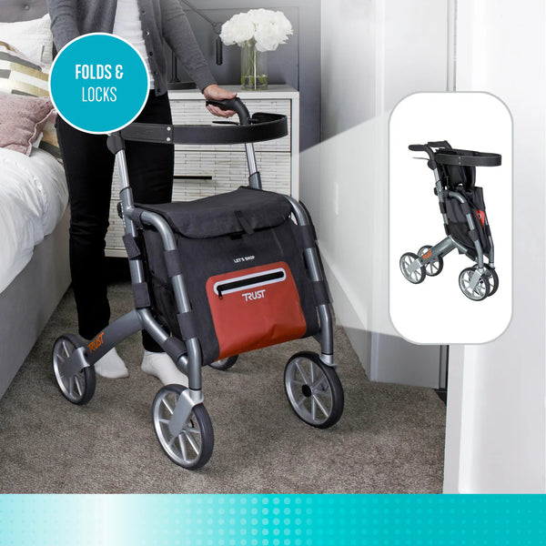 Let's Shop Rollator Walker with Seat, 6.5 Gallon Insulated Shopping Bag, 8-Inch Smooth Wheels, Lightweight Folding Mobility Cart with Removable Grocery Bag, 300 lbs Weight Capacity, Fully Assembled