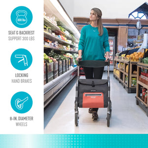 Let's Shop Rollator Walker with Seat, 6.5 Gallon Insulated Shopping Bag, 8-Inch Smooth Wheels, Lightweight Folding Mobility Cart with Removable Grocery Bag, 300 lbs Weight Capacity, Fully Assembled