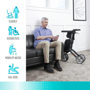 Let's Shop Rollator Walker with Seat, 6.5 Gallon Insulated Shopping Bag, 8-Inch Smooth Wheels, Lightweight Folding Mobility Cart with Removable Grocery Bag, 300 lbs Weight Capacity, Fully Assembled